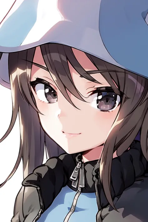 <lora:mika_Loha:1>, mika (girls und panzer), 1girl, keizoku military uniform, solo, tulip hat, blue headwear, brown hair, looking at viewer, brown eyes, jacket, hat, military uniform, military, uniform, long hair, track jacket, closed mouth, bangs, smile, raglan sleeves, hair between eyes, blue jacket, portrait, close-up