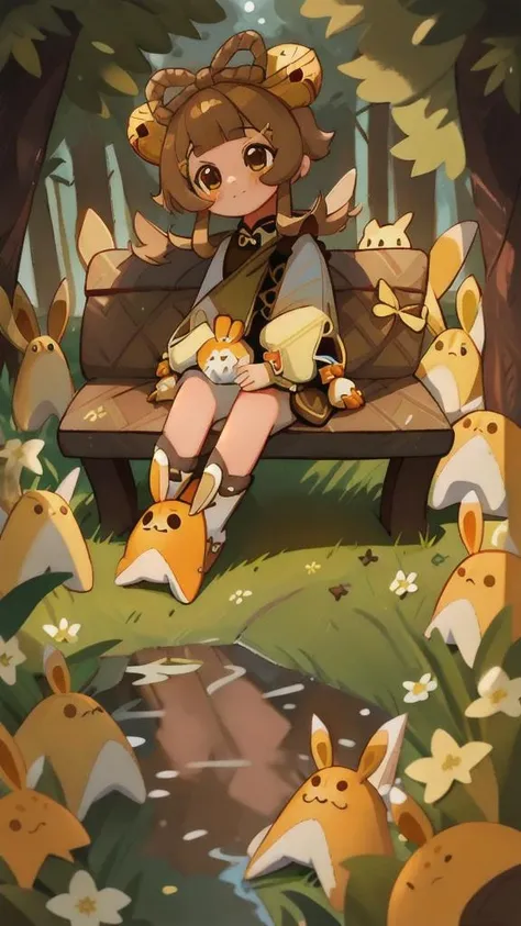 high quality, high resolution, extreme detail, masterpiece, one young girl, kid, stuffed yellow rabbit plush, brown eyes, hair ornament, long hair, long sleeves, sitting on a wooden bench, full body, <lora:YaoYao_Genshin-Impact:1>, yaoyao, yaoyao \(genshin impact\), <lora:low_angle_human:0.8>