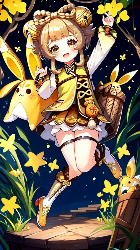 high quality, high resolution, extreme detail, masterpiece, one young girl, kid, stuffed yellow rabbit plush, brown eyes, hair ornament, long hair, long sleeves, <lora:YaoYao_Genshin-Impact:1>, yaoyao, yaoyao \(genshin impact\)