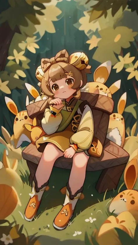 high quality, high resolution, extreme detail, masterpiece, one young girl, ???, stuffed yellow rabbit plush, brown eyes, hair ornament, long hair, long sleeves, sitting on a wooden bench, full body, <lora:YaoYao_Genshin-Impact:1>, yaoyao, yaoyao \(genshin impact\), <lora:low_angle_human:0.8>