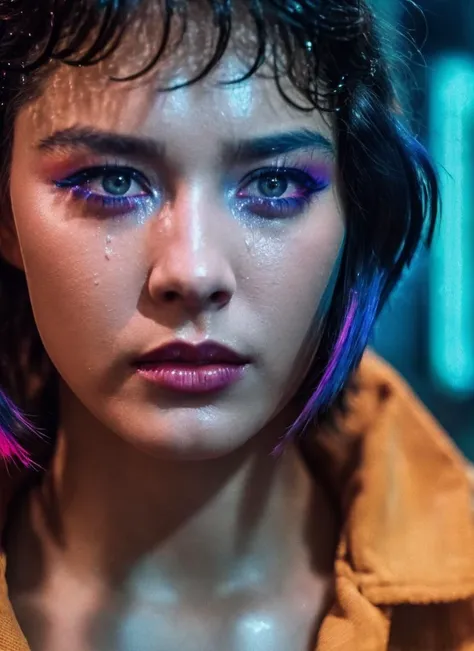 A stunning intricate colorful portrait of beautiful woman <lora:anvertinskaya:0.7>, blade runner style, punk bobcut hair, makeup, magic eyes, crying, rain, smoke, (neon lighting:1.2), epic character composition, by ilya kuvshinov, alessio albi, nina masic, sharp focus, natural lighting, subsurface scattering, f2, 35mm, film grain