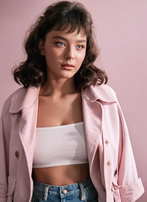A stunning modelshoot portrait of a sexy girl <lora:anvertinskaya:0.7>, wearing a jean shorts, pink jacket, in white studio, epic character composition, by ilya kuvshinov, alessio albi, nina masic, sharp focus, natural lighting, subsurface scattering, f2, 35mm, film grain