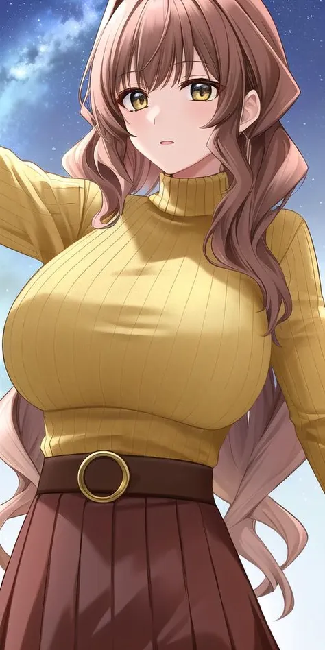 <lora:MarimoV4:0.7> jinguuji_marimo, huge_breasts, standing, solo, yellow_ribbed_sweater_turtleneck_brown_long_skirt_brown_belt_pendant, starry_sky,, masterpiece, best_quality, detailed_face, detailed_eyes, highres, beautiful, detailed, absurdres,