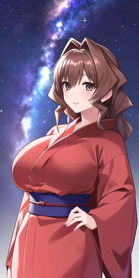 <lora:MarimoV4:0.7> jinguuji_marimo, huge_breasts, standing, solo, red_kimono, starry_sky,, masterpiece, best_quality, detailed_face, detailed_eyes, highres, beautiful, detailed, absurdres,