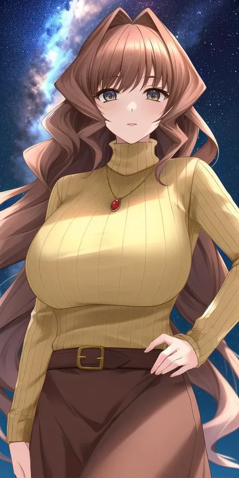 <lora:MarimoV4:0.7> jinguuji_marimo, huge_breasts, standing, solo, yellow_ribbed_sweater_turtleneck_brown_long_skirt_brown_belt_pendant, starry_sky,, masterpiece, best_quality, detailed_face, detailed_eyes, highres, beautiful, detailed, absurdres,