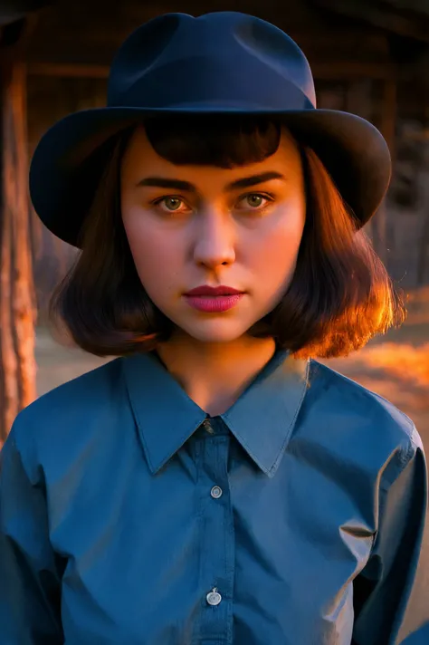 kimbra face closeup, , cute, closeup, upper body,
marie dashkova style,,
macho,
Indigo shirt,
highres, detailed, well dressed, realistic,
Old western ghost town and dusk at the background, best quality, masterpiece, <lora:kimbra:0.65>