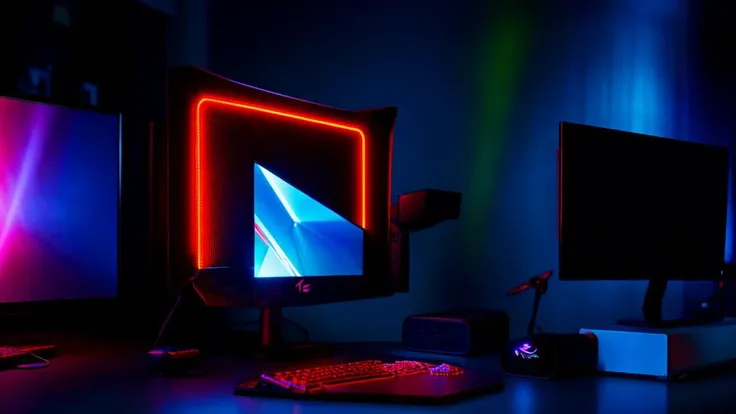 Gaming room setup, ROG desktop PC, RGB lighting, gaming, AAA games, detailed gaming rig, high resolution, photorealistic,