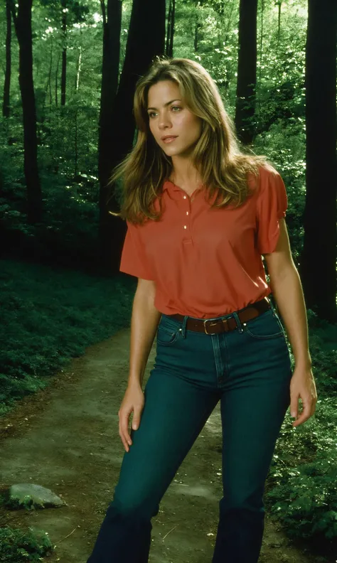 1990s,  23yo woman,  closeup upper body, middle shot, 
,Polaroid,
([Shakir(:0)a|Grace( :0)Kelly| Jennifer( :0)Aniston]:0.9), grumpy,
Teal jeans, 
 highres, detailed, sexy,well dressed, realistic, 
Forest hiking trail and nature sounds at the background, best quality, masterpiece,