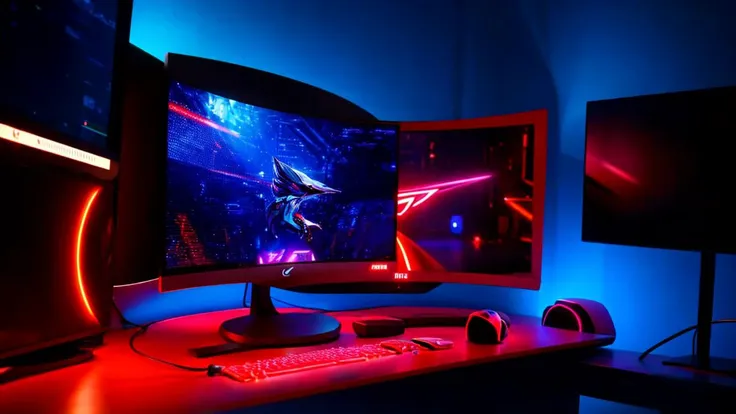 Gaming room setup, ROG desktop PC, RGB lighting, gaming, AAA games, detailed gaming rig, high resolution, photorealistic, wireless keyboard and mouse, 32 inch curved display