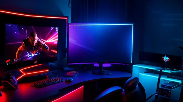 Gaming room setup, ROG desktop PC, RGB lighting, gaming, AAA games, detailed gaming rig, high resolution, photorealistic, wireless keyboard and mouse, 32 inch curved display, gaming chair