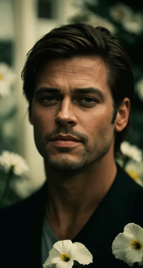 photo of man face closeup, centered, RAW, masterpiece, realistic, hyper realistic,  ([brad( :0)pitt | johnny( :0)depp | George( :0)Clooney]:0.8),
muted color, film grain, looking at viewer, soft colors, fascinating, blurry background, garden, high contrast, dark background, flowers, closeup,