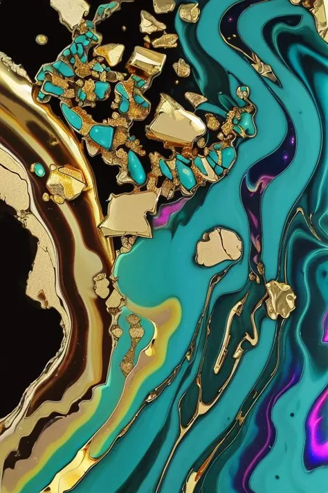 <lora:PsychedelicFluids:0.6> psychedelicfluids, (((polished gold nugget))), gemstones embedded in polished marble, ((turquoise and gold)), (laser prism spectrum gradient back lighting), highlights, reflections, cosmic matrix overlay,