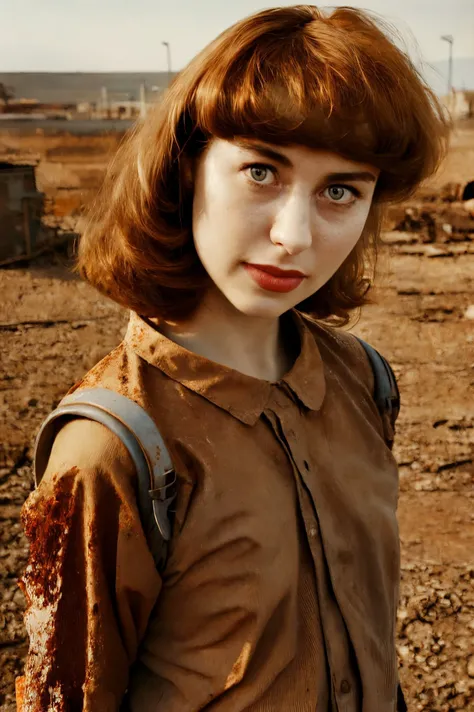 kimbra face closeup, 1980s,  beautiful,  closeup, upper body, 
,,
blue,
Tan modest dress, 
 highres, detailed, , realistic, 
Post-apocalyptic wasteland and rusted structures at the background, best quality, masterpiece,   <lora:kimbra:0.55>