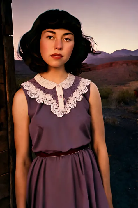 kimbra face closeup, 1970s, gorgeous, closeup, upper body,
,interior design,
cute,
Maroon modest dress,
highres, detailed, , realistic,
Old western ghost town and dusk at the background, best quality, masterpiece, <lora:kimbra:0.95>
