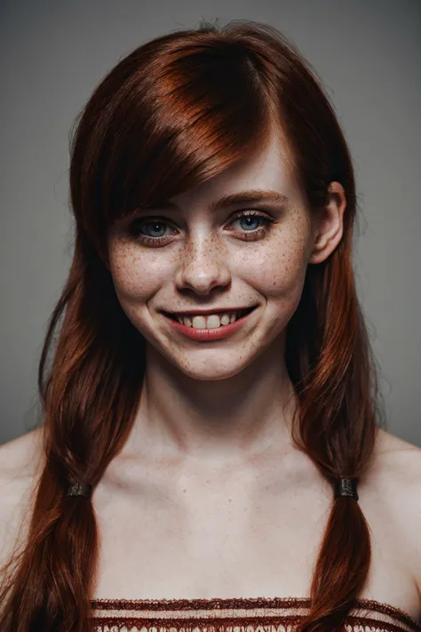 beautiful lady, 18 years old, (swedish), extreme petite face, extreme cute face, ginger, (freckles), big smile, ruby eyes, pigtails hair, dark makeup, hyperdetailed photography, soft light, head and shoulders portrait, cover, skswoman,
 <lora:Sophia Lillis:1>