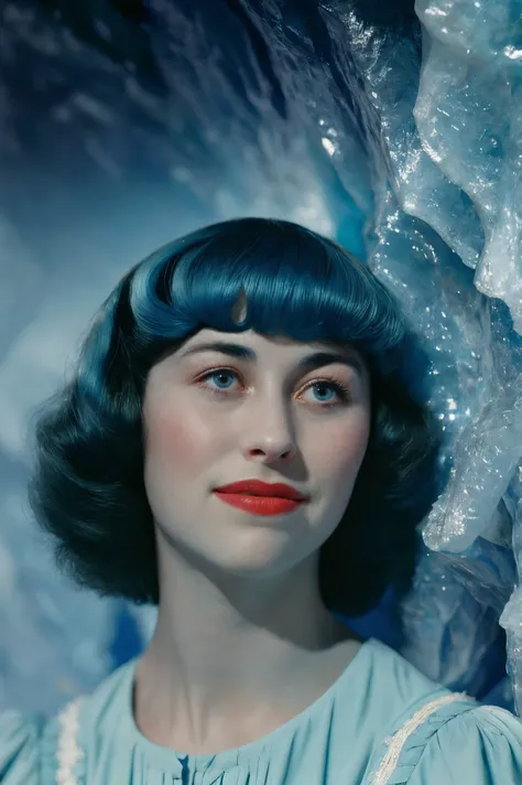 kimbra face closeup, 1940s, cute, closeup, upper body,
,,
glib,
Blue shirt,
highres, detailed, , realistic,
Glacial ice cave and blue tones at the background, best quality, masterpiece, <lora:kimbra:0.60>