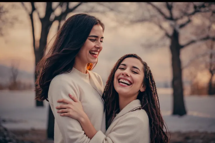 Photo in Raw, Photo essay, two women, brown hair, one wavy hair and the other straight hair, Brazilian women, women from south america, light eyes, city, on the street, urban, people and cars passing in the background, couple of two women, lesbian couple, photo essay of lesbian couple, late afternoon, delicate, passionate looks, joyful, laughing with happiness,  spontaneous, happy with each other, passionate, comfortable clothes, diffused light, whole body, high quality, Sony A7III, 8k, lens 16 mm 2.4