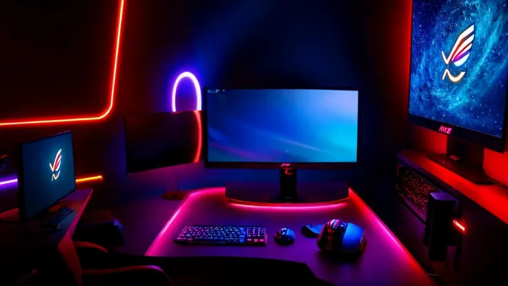 Gaming room setup, RGB lighting, gaming, AAA games, detailed gaming rig, high resolution, photorealistic, wireless keyboard and mouse, 32 inch curved display, gaming chair, gaming laptop, ROG