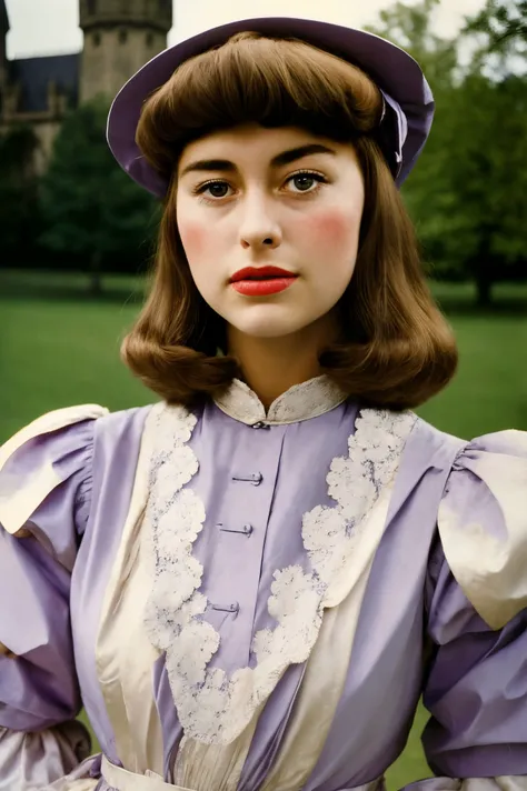 kimbra face closeup, 1960s,  cute,  closeup, upper body, 
jiri tulach style,macro photography,
cool,
Purple shirt, 
 highres, detailed, , realistic, 
Majestic castle and medieval reenactment at the background, best quality, masterpiece,   <lora:kimbra:0.70>
