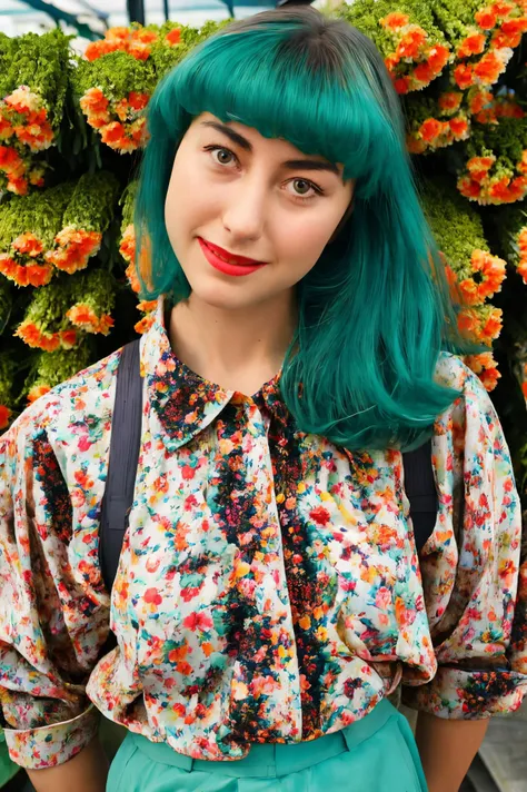 kimbra face closeup, , gorgeous, closeup, upper body,
jiri tulach style,wild nature,
puny,
Teal shirt,
highres, detailed, , realistic,
Flower market and vibrant colors at the background, best quality, masterpiece, <lora:kimbra:0.85>