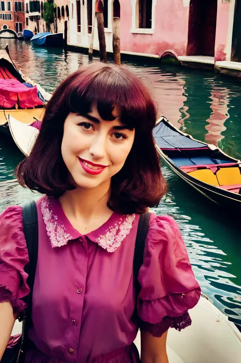 kimbra face closeup, , cute, closeup, upper body,
,Polaroid,
nasty,
Magenta shirt,
highres, detailed, well dressed, realistic,
Venetian canals and gondolas and sunset at the background, best quality, masterpiece, <lora:kimbra:0.60>
