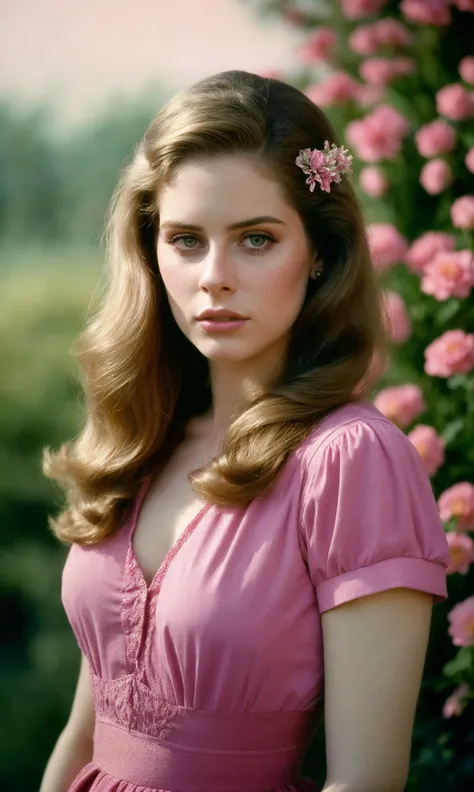 1980s, photo of 23 years young woman, [lana( :0)rhoades|avril( :0)lavigne|lana( :0)del( :0)rey] face focus, closeup, RAW, 
masterpiece, realistic, hyper realistic, muted color, film grain, looking at viewer, polo's pastel perfection looking  casual soft colors, fascinating, wearing Magenta dress, hair ornament flower, (beautiful:0.7),
garden at background