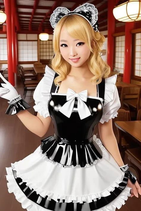 masterpiece, best quality, professional detailed (full body) photo of (blonde Japanese beauty:1.3) wearing (glossy latex frilly intricate multilayered maid cafe dress, apron covered in bows, chest bow, giant waist bow, huge hair bow, lace gloves:1.3), (perfect face, pretty face, symmetric face), (maid cafe, cosplay cafe:1.2), (lace, frills and bows:1.2),