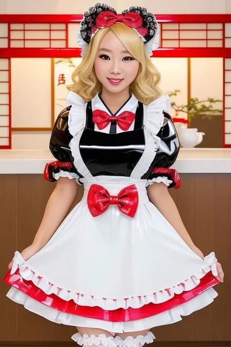 masterpiece, best quality, professional detailed (full body) photo of (blonde Japanese beauty:1.3) wearing (glossy latex frilly intricate multilayered maid cafe dress, apron covered in bows, chest bow, giant waist bow, huge hair bow, lace gloves:1.3), (perfect face, pretty face, symmetric face), (maid cafe, cosplay cafe:1.2), (lace, frills and bows:1.2),