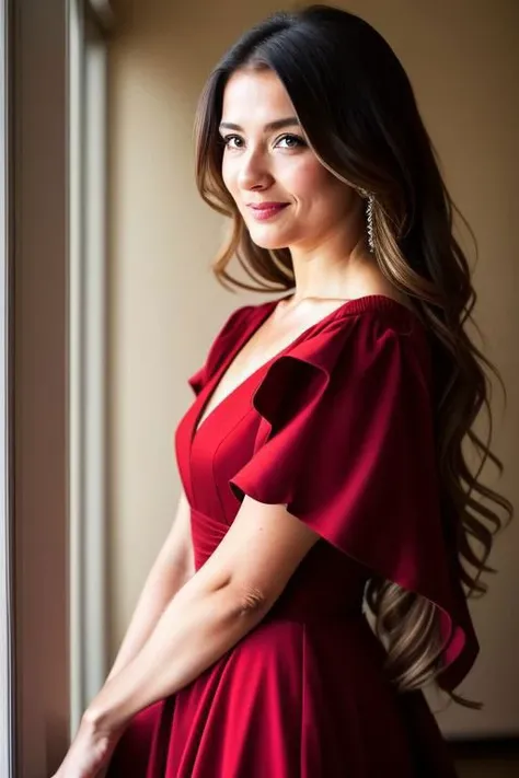 photo of 31 years old woman RAW, masterpiece, realistic, hyper realistic, muted color, film grain, looking at viewer. She is wearing an elegant, flowing red evening gown, with long hair and red lips. Use contrasting colors to emphasize both the refinement of the attire and the model's confidence. Add a subtle aura of glamour through gentle lighting effects and shadows.