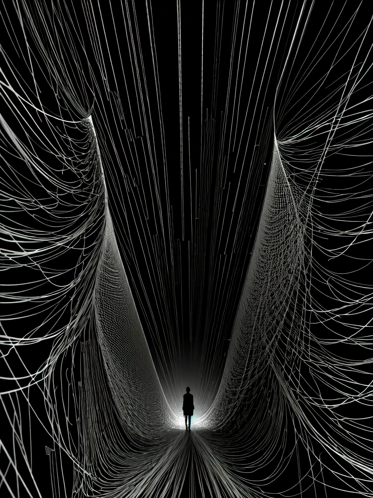 Clyfford Still style mysterious figure emerges from the shadows in a tangled mess of iridescent wires and glowing mesh, torogao hidden behind layers of glitched wavy distortions, non-representational, color connection and Shyft, :| of feelings, imaginative, highly detailed, realistic, detailed, balanced, by Trey Ratcliff, Klaus Herrmann, Serge Ramelli, Jimmy McIntyre, Elia Locardi, (Noir), black and white , detective , crime , mystery