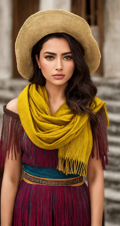 tiktok photo of 25 years old woman, middle shot, RAW, masterpiece, realistic, 
hyper realistic, muted color, film grain, 
looking at viewer, yucatan yarn midi looking mayan motifs handwoven, noxious, ([Jennifer Love Hewitt|Sophia Loren|Adriana Lima]:0.7), detailed background, Fukuoka,
wearing Yellow Scarf, cozy,