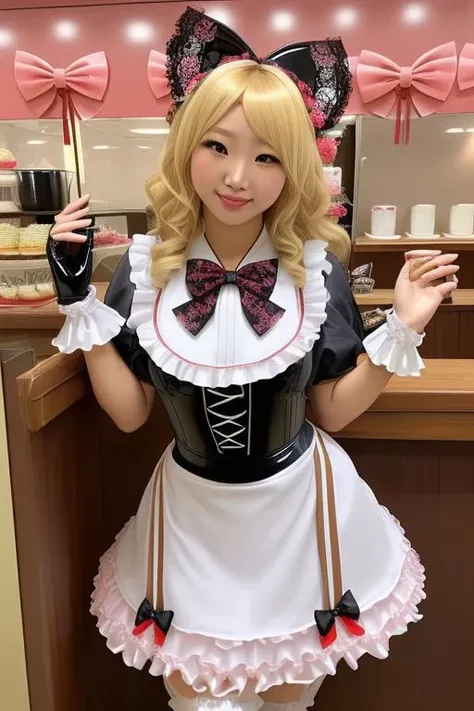 masterpiece, best quality, professional detailed (full body) photo of (blonde Japanese beauty:1.3) wearing (glossy latex frilly intricate multilayered maid cafe dress, apron covered in bows, chest bow, giant waist bow, huge hair bow, lace gloves:1.3), (perfect face, pretty face, symmetric face), (maid cafe, cosplay cafe:1.2), (lace, frills and bows:1.2),