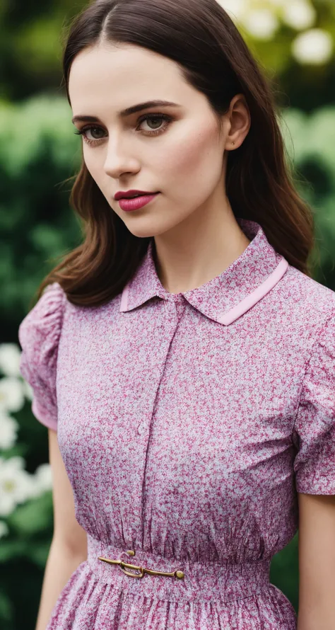 tiktok photo of 37 years old woman, closeup, RAW, masterpiece, realistic, hyper realistic, muted color, film grain,
looking at viewer, polo's pastel perfection looking 80s casual soft collars, fascinating, blurry background, garden, high contrast, dark background,
wearing Magenta dress flower,