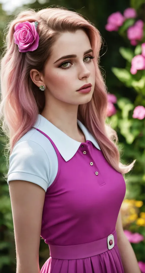 tiktok photo of 23 years old woman, [lana rhoades|avril lavigne|lana del rey] face focus, closeup, RAW, masterpiece, realistic, hyper realistic, muted color, film grain, looking at viewer, polo's pastel perfection looking 80s casual soft collars, fascinating, wearing Magenta dress, hair ornament flower, (beautiful:0.7),
garden at background