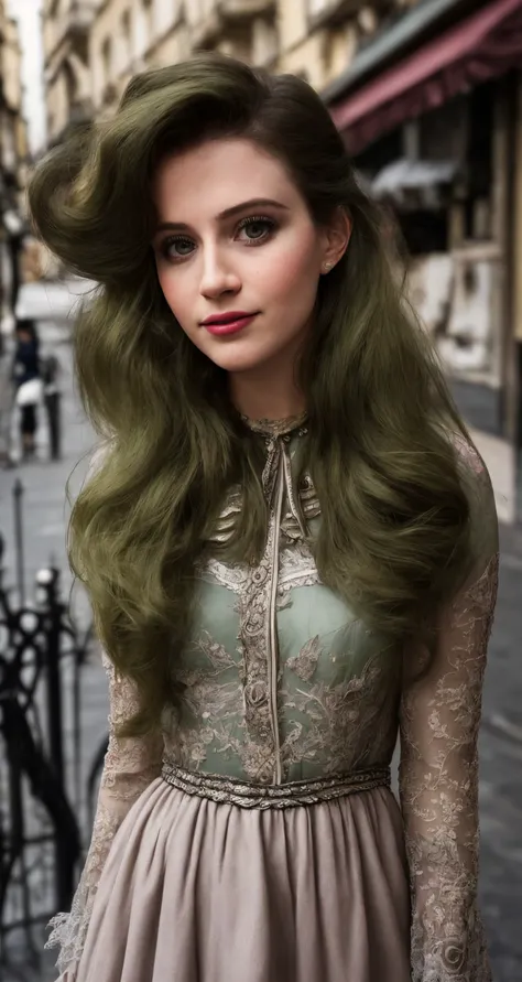 facebook photo of 23 years old , middle shot, closeup, RAW, masterpiece, realistic, 
hyper realistic, muted color, film grain, 
looking at viewer, parisian bohemian midi looking vintage artsy montmartre, dystopian, ([Sofa Vergara|Bryce Dallas Howard|Jaclyn Smith]:0.7), detailed background, Istanbul,
wearing Olive Tutu, tangible,