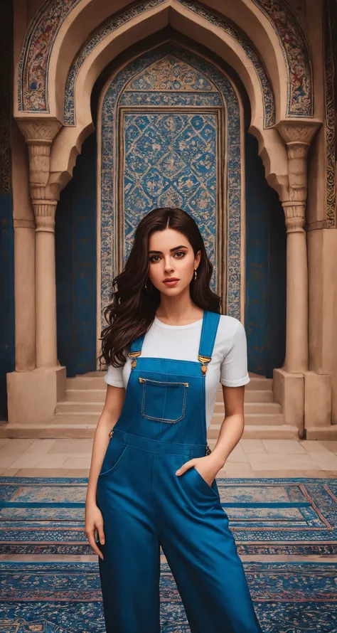 tiktok photo of 23 years old female, middle shot, RAW, masterpiece, realistic, 
hyper realistic, muted color, film grain, 
looking at viewer, jasmine's jewel jumpsuit looking agrabah princess aladdin, elastic, ([Sandra Bullock|Rose Byrne|Scarlett Johansson]:0.7), detailed background, Istanbul,
wearing Blue Overalls, draconian,