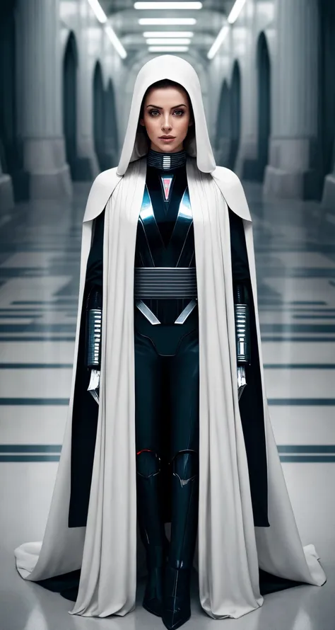 instagram photo of 31 years old female, middle shot, RAW, masterpiece, realistic, 
hyper realistic, muted color, film grain, 
looking at viewer, droid's dreamy drapery looking futuristic star wars, draconian, ([Anne Hathaway|Karen Gillan|Eva Longoria]:0.7), detailed background, Saint Petersburg,
wearing White tuxedo, metallic,