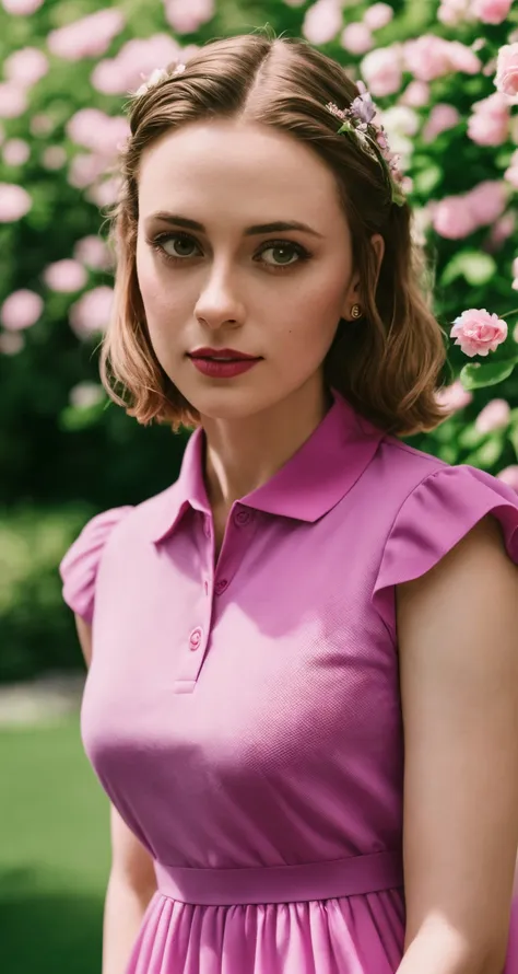 tiktok photo of 37 years old woman, closeup, RAW, masterpiece, realistic, hyper realistic, muted color, film grain,
looking at viewer, polo's pastel perfection looking 80s casual soft collars, fascinating, blurry background, garden, high contrast, dark background,
wearing Magenta dress flower,