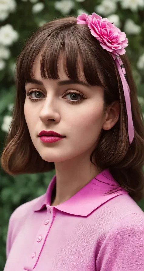 tiktok photo of 37 years old woman, closeup, RAW, masterpiece, realistic, hyper realistic, muted color, film grain, 
looking at viewer, polo's pastel perfection looking 80s casual soft collars, fascinating, 
wearing Magenta dress flower,