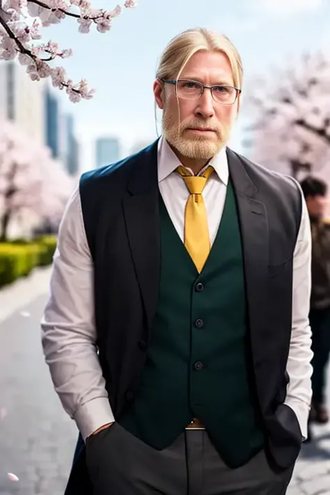 realistic, 1boy, <lora:Chara_van_hohenheim:0.8>,van hohenheim, upper body, yellow eyes, deep green necktie, blue vest, long coat, Spring, Cherry blossom trees, pink petals, gentle breeze, city walk.