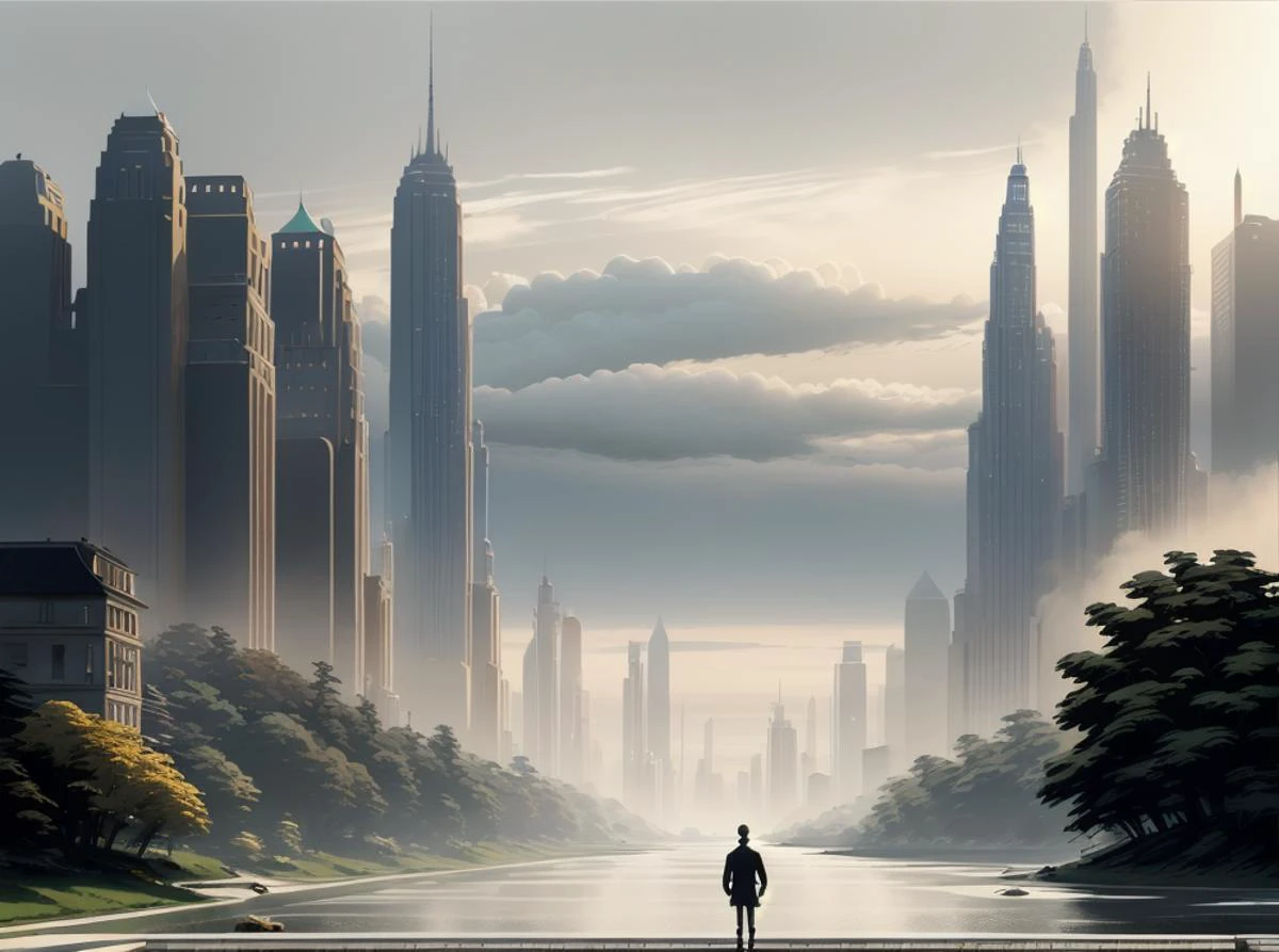 (masterpiece:1.3), (best quality:1.2), chiaroscuro, Unreal Engine, CGI render, Hyperdetailed, vivid colors, modern era photograph, ultra high quality model, 8k Ultra HD, perfect composition, beautiful detailed intricate insanely detailed octane render, soft natural volumetric cinematic perfect light, perfect depth of field shot, ray tracing, photometry, beautiful, metallic deep colors, subsurface scattering, ultra realistic, (photorealism:1.1), 8 k artistic photography, hyperdetailed, absurdly detailed, scenery, city, buildings, idealized American city, busy city center, parks and greenery areas, parks, plazas, modern era photograph, skyscrapers, art deco, monumental architecture,
(uploaded and trending on imgur, pixiv, furaffinity, pinterest, e621, inkbunny, tumblr, deviantart, artstation, ),
(in the style of and art by midjourney, greg rutkowski, raphael, Frank Lloyd Wright, James Gurney, Thomas Kinkade, ),
<lora:ArtDecoArchitecture-10:0.85>, <lora:minimalist_sci-fi_dystopia-10:0.8> minimalist_sci-fi_dystopia