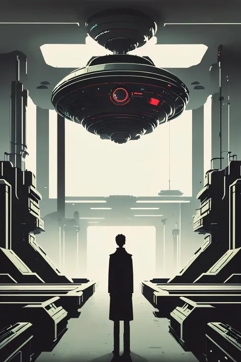 -An eerie sci-fi scene set in a shadowy laboratory, where a team of scientists is conducting experiments on a mysterious alien artifact. Detailed machinery, scientific instruments, and complex computer interfaces create a sense of authenticity and realism, while ominous lighting and a sense of foreboding add tension and suspense. , minimalist_sci-fi_dystopia