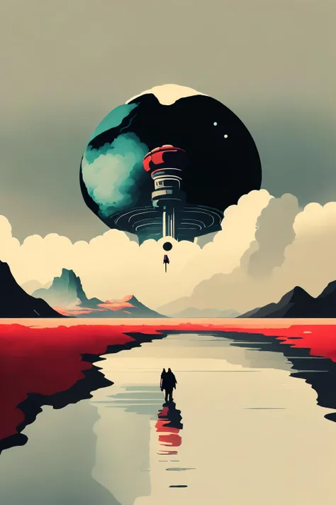 a giant red flower in the middle of a mountain  ,  minimalist_sci-fi_dystopia