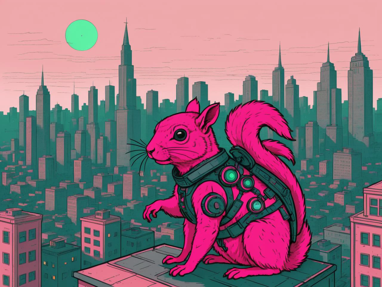 compass chromatic abberation flying neon (colluseuim:1.2) dilapidated pink mech with brown feathered plates, Eastern Gray Squirrel demonic goat moth theme in the city, big green eyes, kinda cute speckles, final concept art, wild happy friend <lora:pixelbuildings128-v2:0.54321> <lora:Zzul:0.24> <lora:vintage_illust:0.3> <lora:Bloodstained-XL-V1:0.3> drawn in sharpie gradient color scheme dadaism