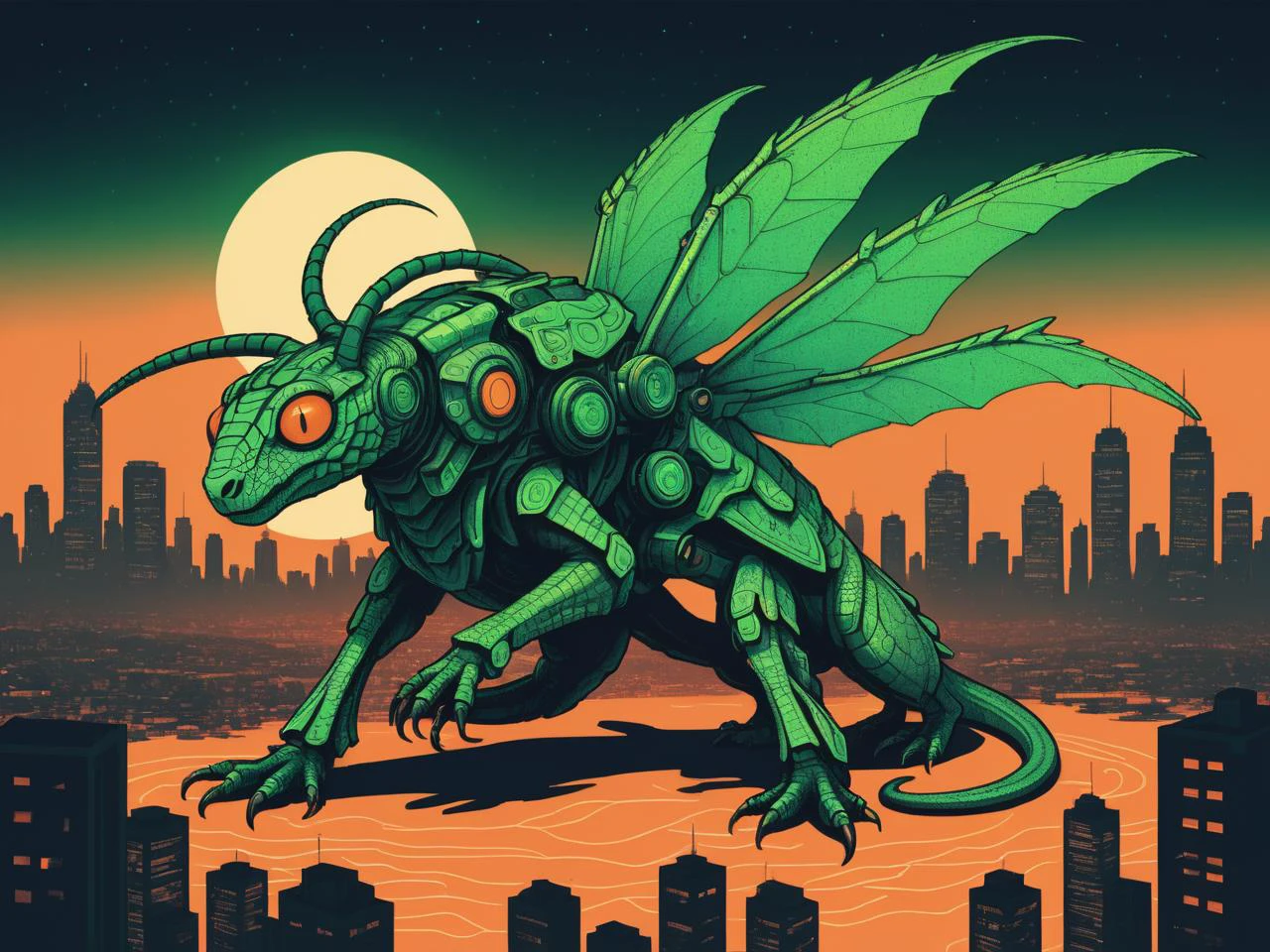 chromatic abberation flying neon (colluseuim:1.2) dilapidated green mech with orange feathered plates, Western Hognose Snake demonic goat moth theme in the city, big green eyes, kinda cute speckles, final concept art, wild happy friend <lora:pixelbuildings128-v2:0.54321> <lora:Zzul:0.24> <lora:vintage_illust:0.3> <lora:Bloodstained-XL-V1:0.3> drawn in sharpie gradient color scheme dadaism