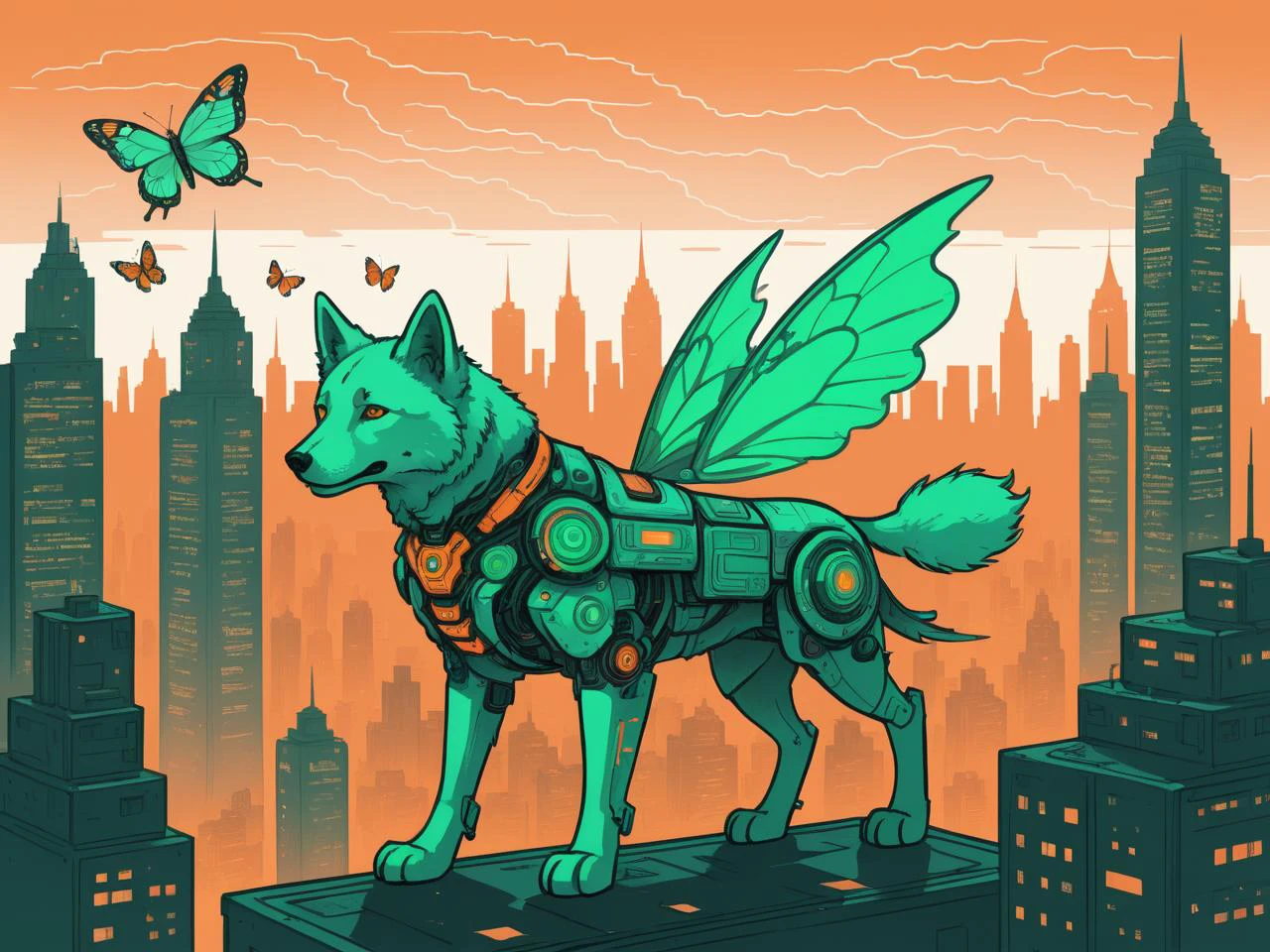 chromatic abberation flying neon (colluseuim:1.2) circuitpunk orange mech with emerald feathered plates, Samoyed demonic with butterfly wings theme in the city, big green eyes, kinda cute speckles, final concept art, wild happy friend <lora:pixelbuildings128-v2:0.54321> <lora:Zzul:0.24> <lora:vintage_illust:0.3> <lora:Bloodstained-XL-V1:0.3> drawn in sharpie gradient color scheme dadaism