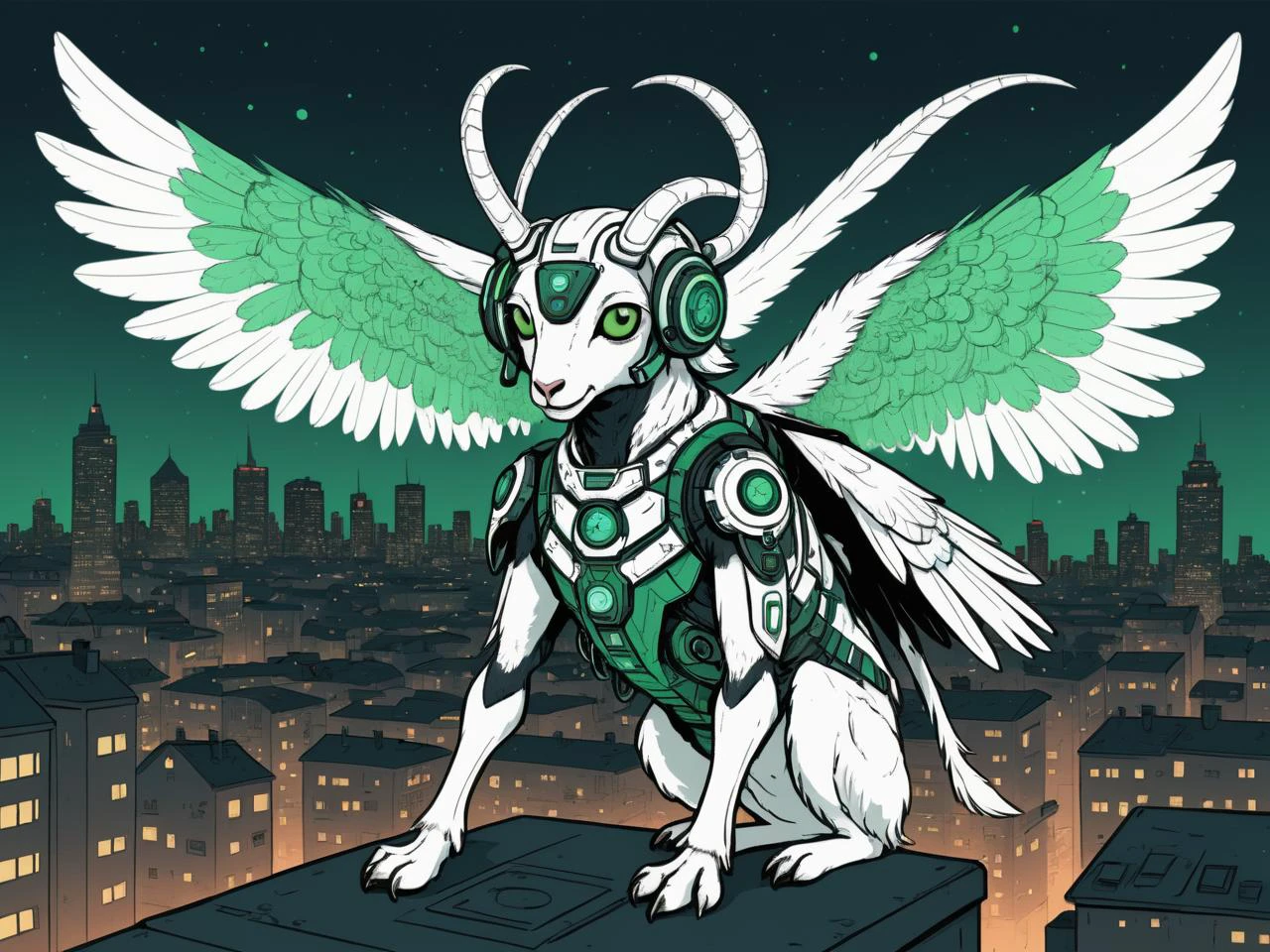 compass chromatic abberation flying neon (colluseuim:1.2) dilapidated white mech with silver feathered plates, Onagadori Chicken demonic goat moth theme in the city, big green eyes, kinda cute speckles, final concept art, wild happy friend <lora:pixelbuildings128-v2:0.54321> <lora:Zzul:0.24> <lora:vintage_illust:0.3> <lora:Bloodstained-XL-V1:0.3> drawn in sharpie gradient color scheme dadaism