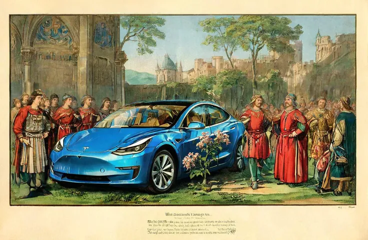 vintageillustration, intricate floral parchment background, painting of a (sporty tesla model 3 next to a castle:1.3), bunch of a medieval peasants huddled around confused expressions pointing at the tesla, 1200BC, 8k, very detailed, UHD, extreme details, medieval, DMC DeLorean <lora:FFusion-We-Are-Electric.64LORA:1> <lora:vintage_illust:1>
