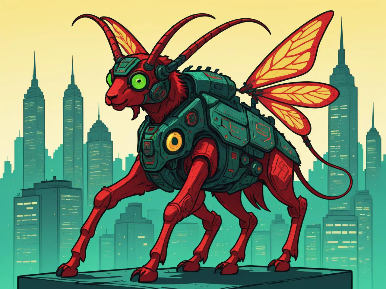chromatic abberation flying neon (colluseuim:1.2) dilapidated red mech with yellow feathered plates, Affenpinscher demonic goat moth theme in the city, big green eyes, kinda cute speckles, final concept art, wild happy friend <lora:pixelbuildings128-v2:0.54321><lora:Zzul:0.24> <lora:vintage_illust:0.3> <lora:Bloodstained-XL-V1:0.3> drawn in sharpie gradient color scheme dadaism