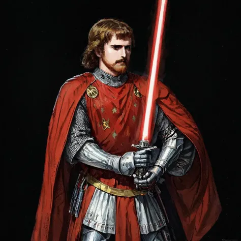 vintageillustration, a medieval knight holding his red lightsaber, sith lord, full body, 1200BC, epic movie poster, stars, star wars, 8k, very detailed, UHD, extreme details, medieval, <lora:vintage_illust:1>
